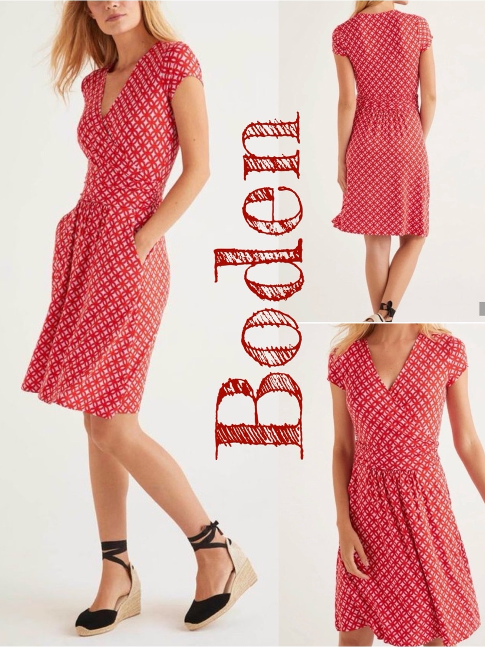Boden Red Geometric V‑Neck Wrap Dress